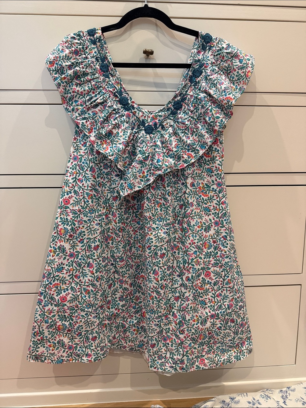 Mi Golondrina Floral Ruffle Dress - Teal, Pink & White
